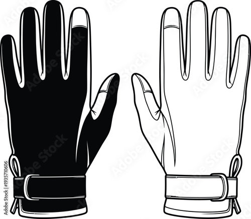 A pair of black and white gloves side by side