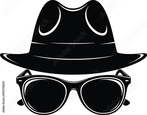 A black fedora hat and sunglasses on a white background