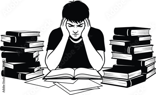 A stressed student surrounded by stacks of books studying hard for exams with a look of frustration and overwhelm on his face