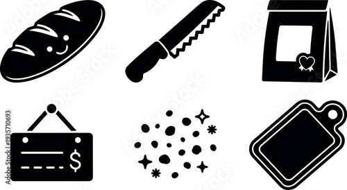 Flat design bakery icon set smiling loaf serrated knife paper bag price sign cutting board scattered crumbs top view silhouette