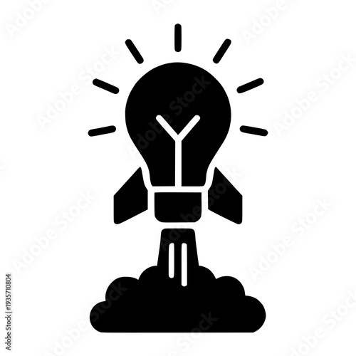 Creative innovation symbolized by a light bulb and rocket on a launchpad