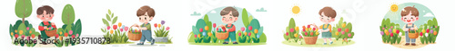 vector happy little boy picking flowers in tulip garden