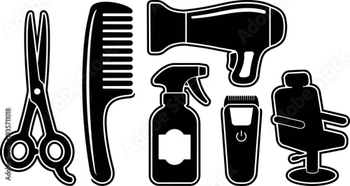 Flat design black silhouette hairdressing tools set showing scissors comb dryer clipper spray bottle and barber chair on white background