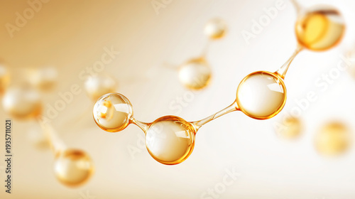 Close-up of the microscopic structure of water molecules in a moisturizing serum against a gold background.
