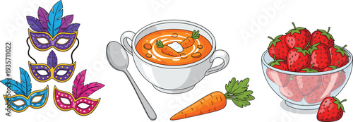 Colorful Carnival Masquerade Masks with Feathers beside Creamy Carrot Ginger Soup and Fresh Red Strawberry Fruit Bowl Vector Illustration Graphic Set