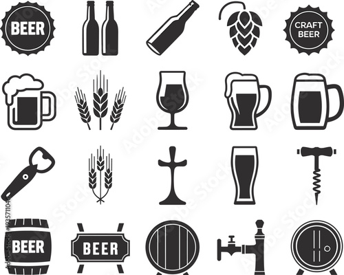 Craft beer brewing icons set with bottles mugs hops barley barrel opener tap brewery equipment isolated illustration collection