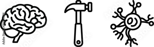 Vector of Brain hammer and neuron line icons for science and education concepts
