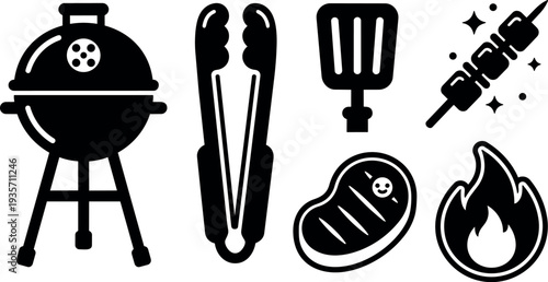 Flat design minimalist overhead barbecue grill tongs spatula steak skewer flame silhouette black vector icon set bold solid cooking backyard