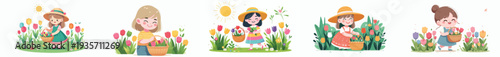 vector happy little girl picking flowers in tulip garden