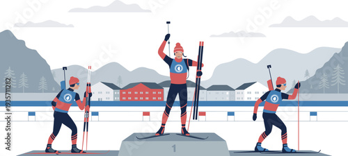 Biathlon winter sport illustration with athlete on podium holding skis and rifle, snowy mountain stadium background flat design