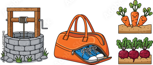 Traditional Stone Water Well, Orange Sports Duffel Bag with Blue Sneakers, and Cute Smiling Carrot and Beetroot Garden Vegetables Vector Illustration Set