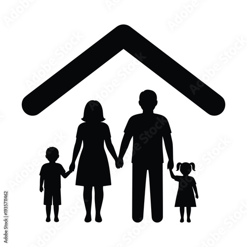 Family standing under house roof silhouette