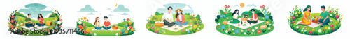vector happy couple having a simple picnic in spring
