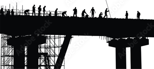 Construction workers silhouette vector illustration, bridge building teamwork artwork, civil engineering design concept, industrial labor activity, infrastructure project graphic, 