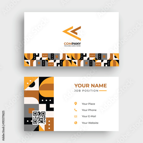 Modern professional business card with orange and black geometric Bauhaus pattern and QR code placeholder