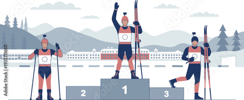 Biathlon winter sport podium scene with skiing athletes holding rifles and skis, snowy mountains stadium flat illustration