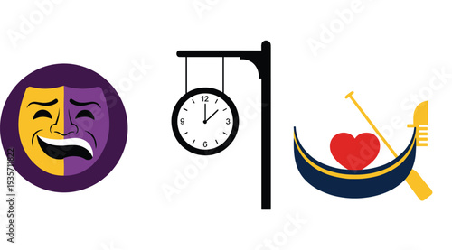 Comedy and Tragedy Drama Mask, Vintage Hanging Station Clock, and Romantic Venetian Gondola with Heart Vector Illustration Set for Travel and Arts