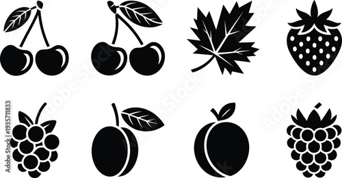 Black and white fruit icon set with cherries, strawberry, raspberry, plum, peach, blackberry and maple leaf