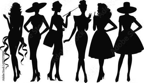 Elegant women silhouettes fashion models stylish female figures posing with hats and dresses vector illustration beauty style design set