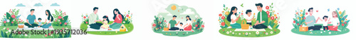 vector happy family having a simple picnic in spring