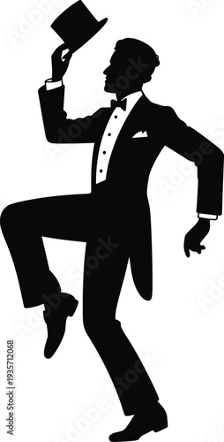 Gentleman dancer silhouette tipping top hat elegant vintage man performing classic dance pose isolated illustration stylish retro character