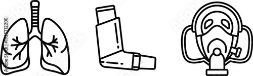 Vector of Respiratory health icons set with lungs inhaler and gas mask