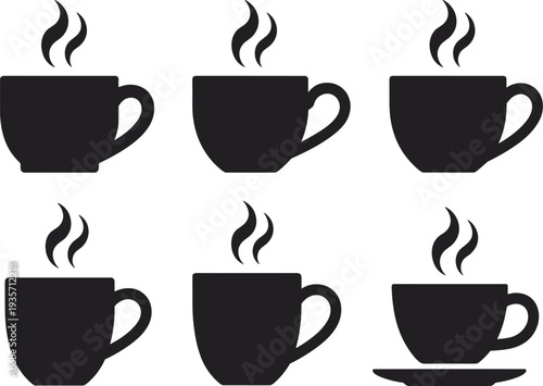 Hot coffee cup silhouettes set with steam mug icons cafe beverage drink illustration isolated simple design collection