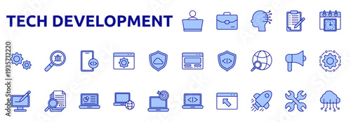 Tech Development icon color lineal style with configuration, Laptop, program, startup, maintenance, computing icons