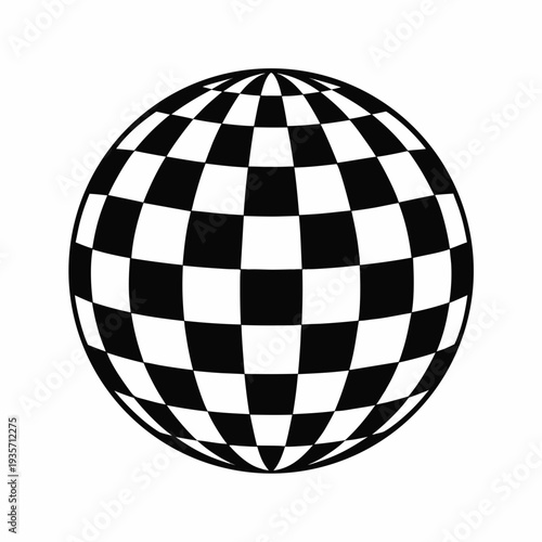 Stylized three-dimensional sphere with a captivating black and white checkerboard pattern, creating an optical illusion and a modern graphic design element