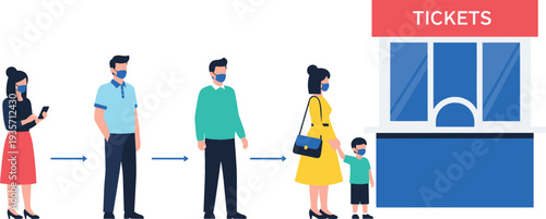 People wearing medical face masks standing in a socially distanced queue at a cinema or theater ticket booth