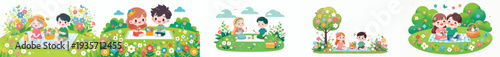 vector happy children having a simple picnic in spring