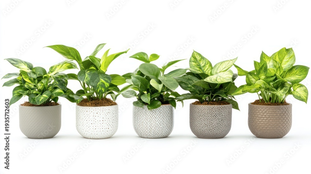 Fototapeta premium Five potted houseplants in various muted tones, displayed horizontally against a white background
