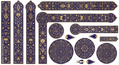 Ottoman Floral Tezhip Art Borders and Islamic Gold Illumination Vector