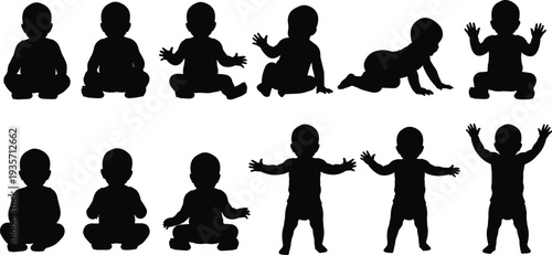 Black silhouette vector illustration of babies in various poses including sitting, crawling, standing, and raising arms, developmental infant movement stages