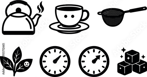 Flat icon set with kettle cup strainer tea leaves two speed dials and ice cubes minimal black line vector icons