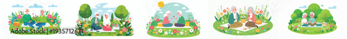 vector happy old couple having a simple picnic in spring