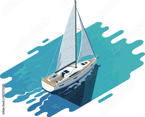 Luxury sailing yacht isometric illustration cruising on blue ocean water with sails open nautical travel and sea adventure concept