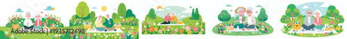 vector happy old couple having a simple picnic in spring