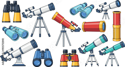 Astronomy telescopes and binoculars collection set, stargazing observation equipment, scientific optical instruments for space exploration and sky watching flat vector illustration