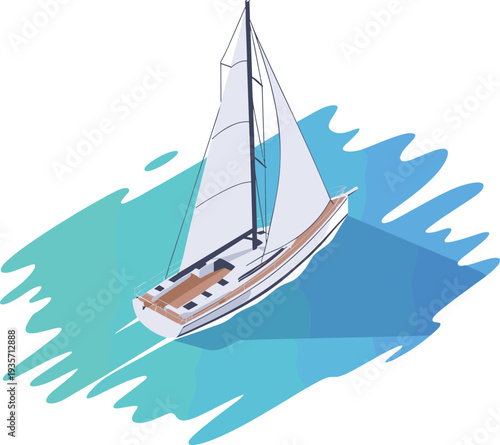 Luxury sailing yacht isometric illustration with white sails cruising on blue ocean water nautical travel sea adventure concept