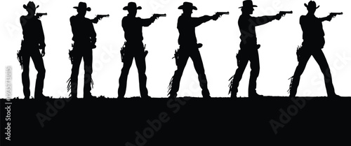 Cowboy gunfighters silhouette vector illustration, Wild West duel artwork, western pistol aiming design, outlaw shootout concept, vintage frontier culture graphic, classic western scene