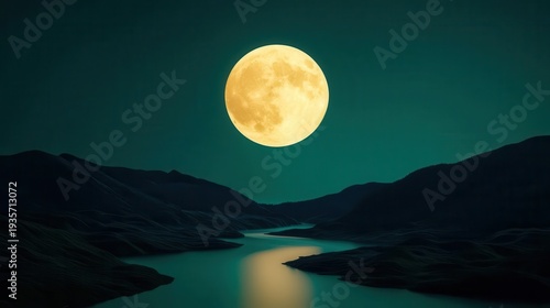 Storybookstyle glowing moon over magical landscape with winding rivers