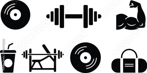 Minimalist gym and fitness icon set with dumbbell, barbell, bench press, muscle arm, weight plate and sports bag