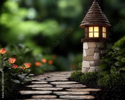 Storybook path lined with glowing flowers leading to enchanted tower