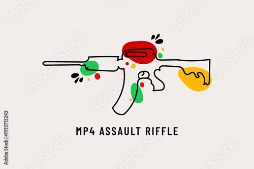 MP4 Assault Rifle Doodle Icon Vector Illustration for Tactical Banner Concept. Hand Drawn MP4 Assault Rifle Doodle Icon in Outline Vector Style