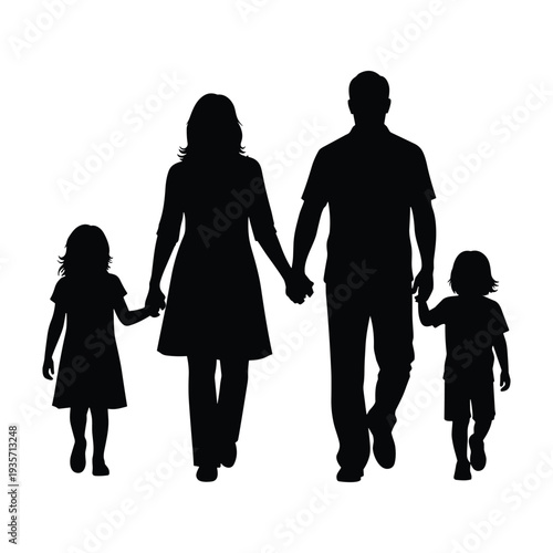 Happy family walking together hand in hand in silhouette