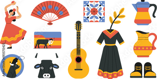 Spanish culture icon set with flamenco dancer, guitar, bull, fan, dress, pottery and traditional Spain symbols illustration