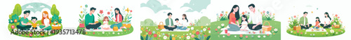 vector happy family having a simple picnic in spring