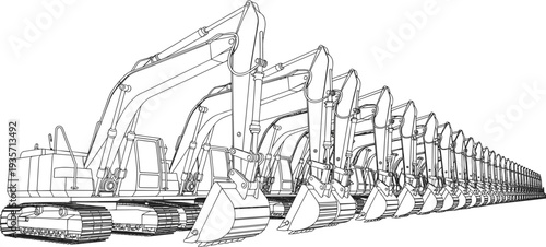 Row of hydraulic excavators construction machines technical line drawing, heavy equipment engineering illustration for construction industry machinery concept