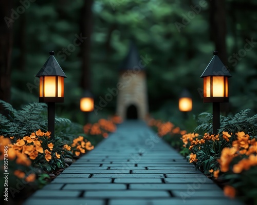 Storybook path lined with glowing flowers leading to enchanted tower